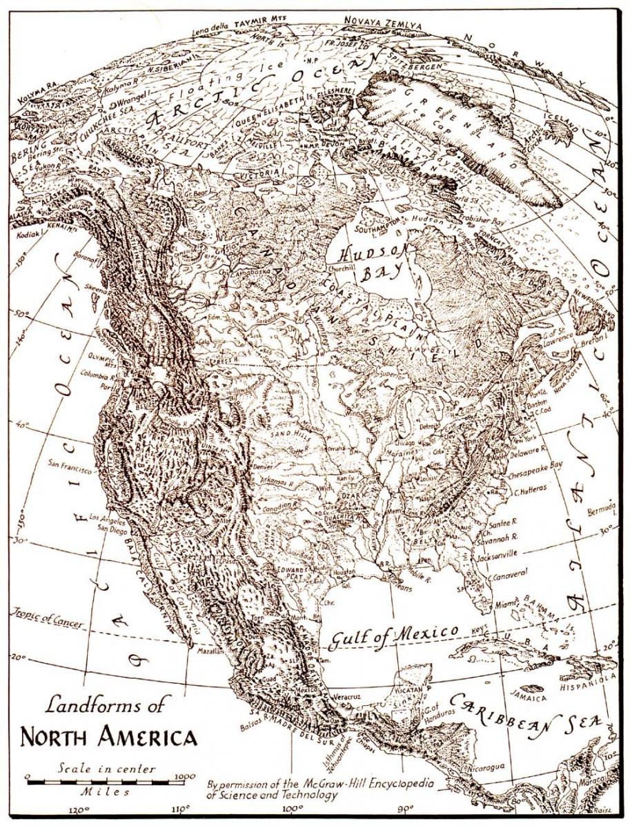 Landforms of North America map