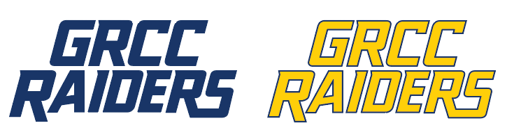 Two GRCC Raiders logo: one in blue. Another logo in yellow with a blue outline