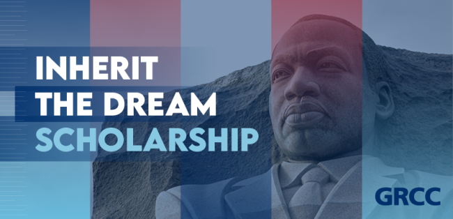 A status of Dr. Martin Luther King Jr. accompanied by the words, Inherit the Dream Scholarship.