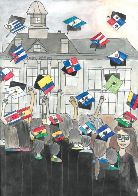 The first-place poster for the Latino Youth Conference, by Laina Delgado, shows high school grads tossing their morterboards -- which have flags on them from different Latin countries -- into the air.