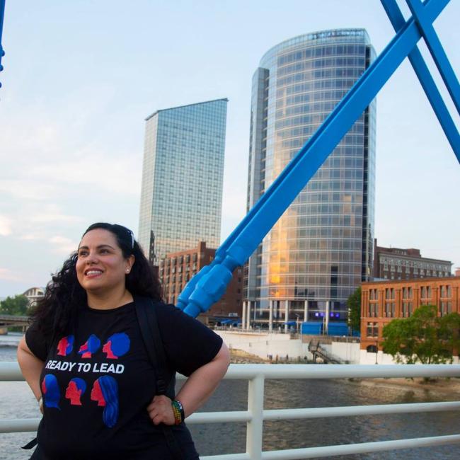 Lorena Aguayo-Marquez stands on the Blue Bridge.