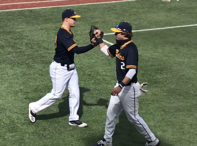 Baseball players congratulating each other at the end of an inning.