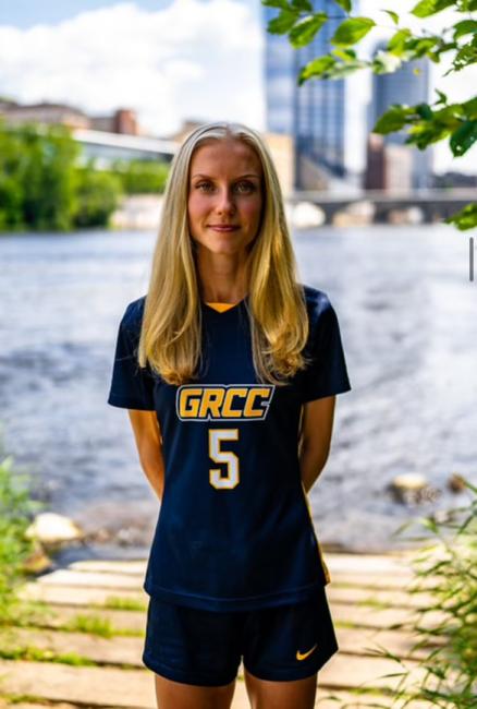 GRCC student Eevi Eskola poses in her women's soccer team gear.