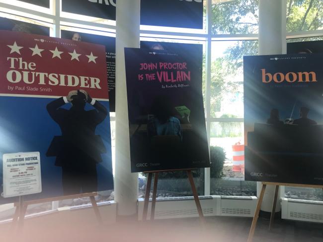 Three theater posters displayed in GRCC's Spectrum Theater to announce this season's productions.