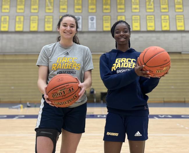 GRCC basketball players Karissa Ferry and Alysia Wesley modeling athletic attire.