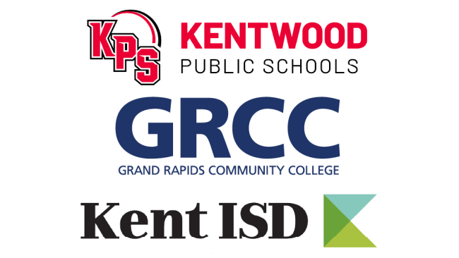 Logos for Kentwood Public Schools, GRCC and Kent ISD