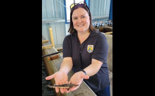 Jennifer Archambault holding a fish at work.