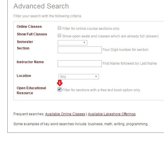 A screen capture of the advanced search for GRCC courses with a red arrow indicating how you filter for courses with a free textbook option.