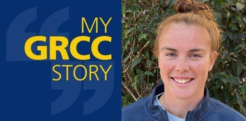 My GRCC Story podcast logo with a portrait of Lizzy Hornack.