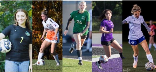 Photos of each of the five women soccer players, one posed and the others in action. 