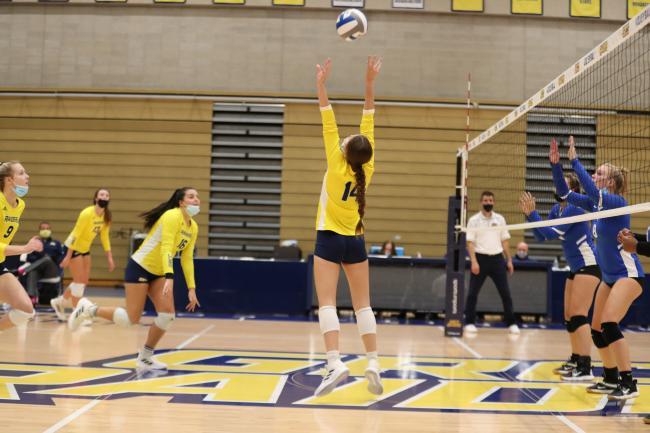 A GRCC volleyball player sets the ball high for a return.