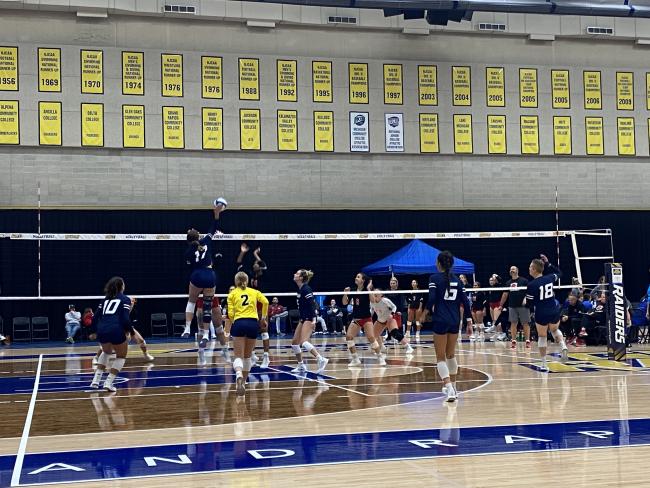 Volleyball action against Lake Michigan College.