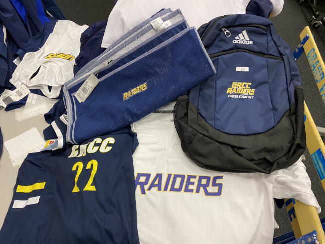 GRCC Raiders jerseys and backpacks and other items available for sale.
