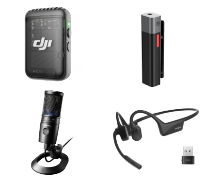 Four microphones including a DJI mic, a USB mic on a stand, a headset with USB accessory and a microphone with a clip.