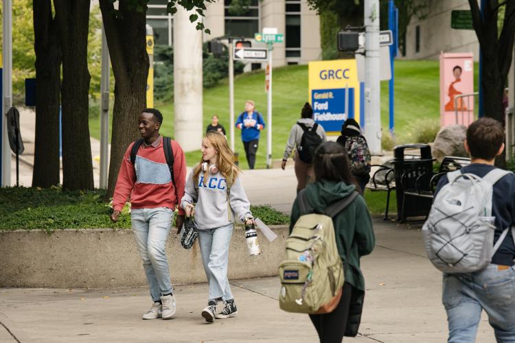 Students walk through GRCC's campus.