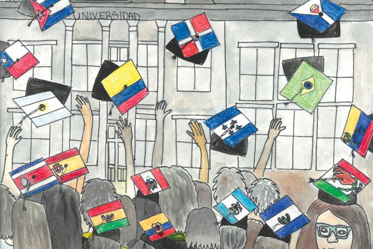 The first-place poster for the Latino Youth Conference, by Laina Delgado, shows high school grads tossing their morterboards -- which have flags on them from different Latin countries -- into the air.