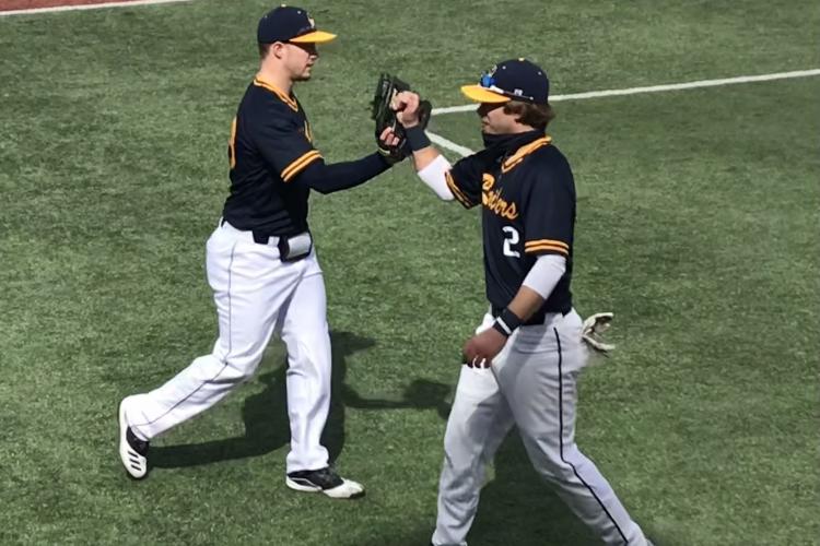 Baseball players congratulating each other at the end of an inning.