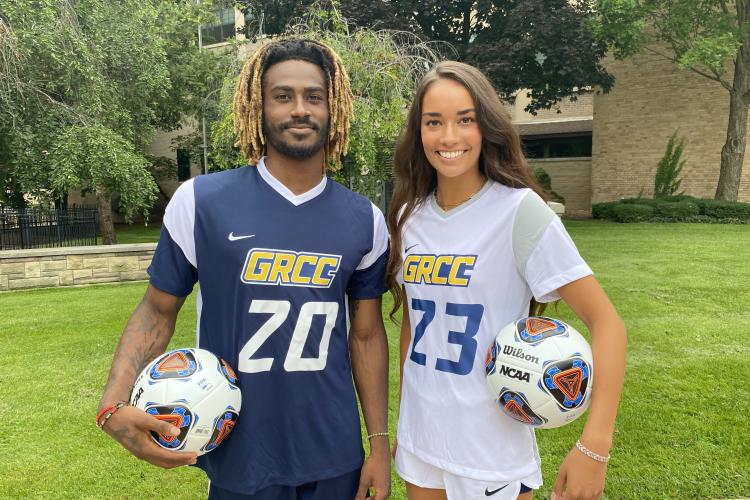 Rico Wade and Audrey Torres model the new GRCC soccer uniforms.