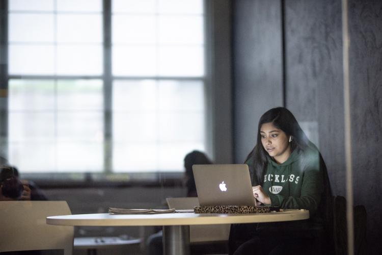 A female GRCC student working on a laptop in Finkelstein Hall.