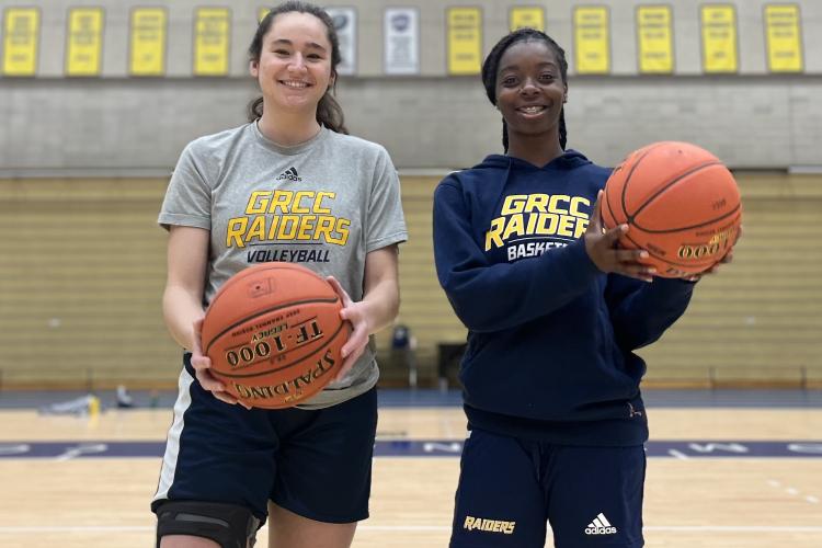 GRCC basketball players Karissa Ferry and Alysia Wesley modeling athletic attire.