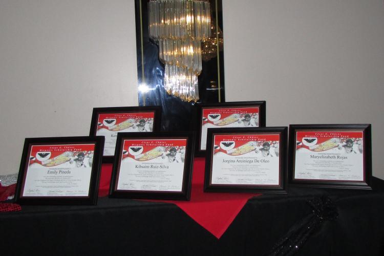 Framed award certificates on a table.