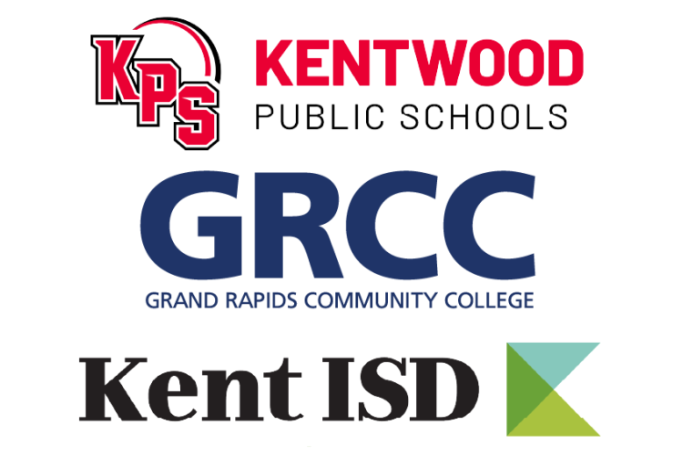 Logos for Kentwood Public Schools, GRCC and Kent ISD