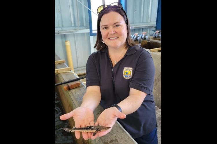 Jennifer Archambault holding a fish at work.