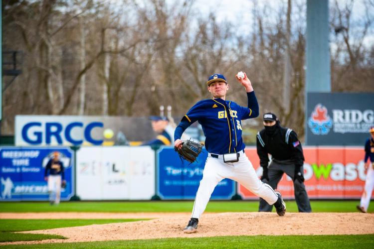 Jeremy Marble pitching for the GRCC baseball team at LMCU Ballpark. 