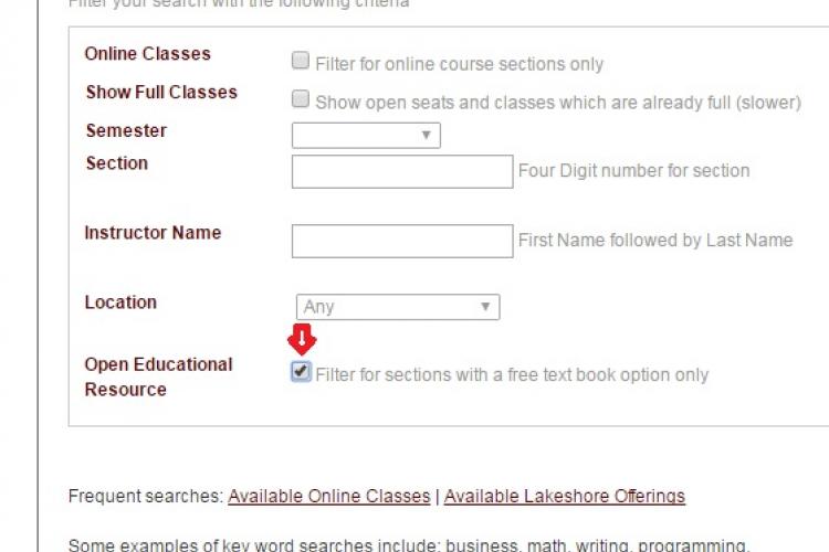 A screenshot showing how to select GRCC class sections that use Open Educational Resources: Advanced Search. Filter you search with the following criteria. Online classes – Filter for online course sections only. Show Full Classes – Show open seats and classes which are already full (slower). Semester (pull-down menu). Section – Four Digit number for section. Instructor Name – First name followed by last name. Location (“any” is default option on this pull-down menu). Open Educational Resource – Filter for 