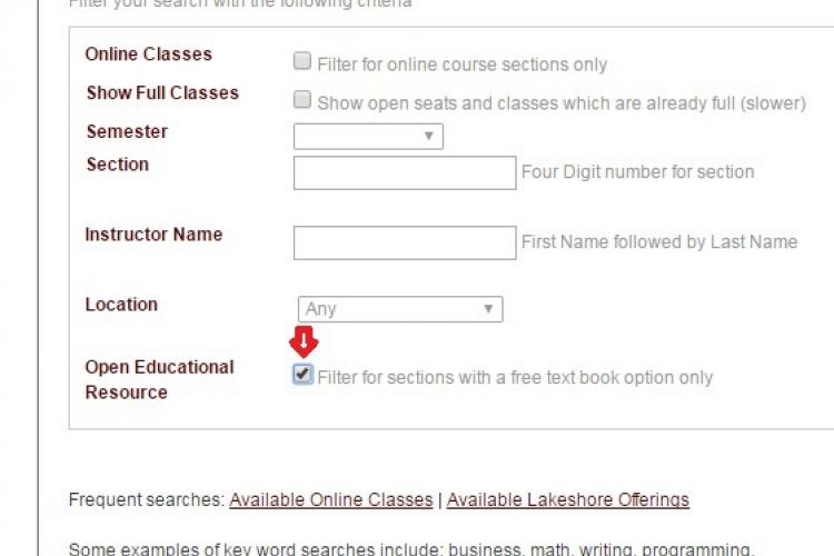 A screen capture of the advanced search for GRCC courses with a red arrow indicating how you filter for courses with a free textbook option.