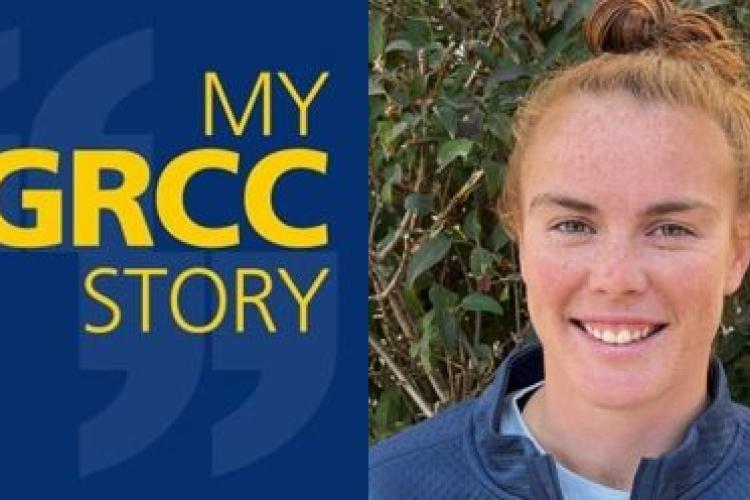 My GRCC Story podcast logo with a portrait of Lizzy Hornack.