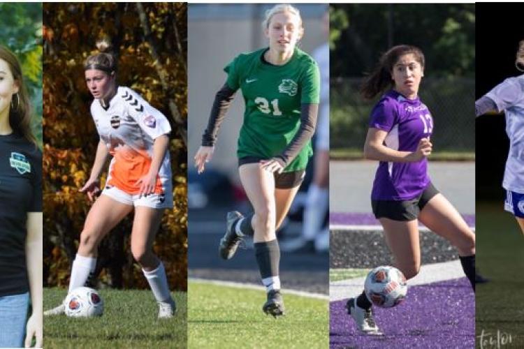 Photos of each of the five women soccer players, one posed and the others in action. 