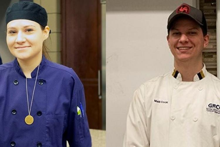 GRCC students Sarah Schmidt and Matthew Cook wearing culinary program uniforms.