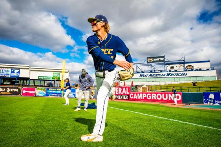 GRCC ace Jerad Berkenpas warming up.