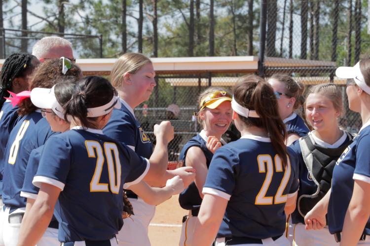 Softball team celebrates after a big win.