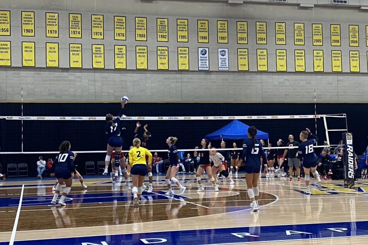 Volleyball action against Lake Michigan College.