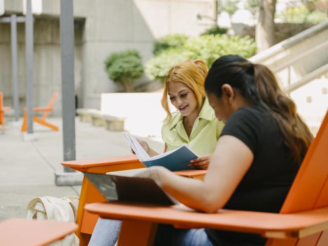 Two students study in outdoor chairs.